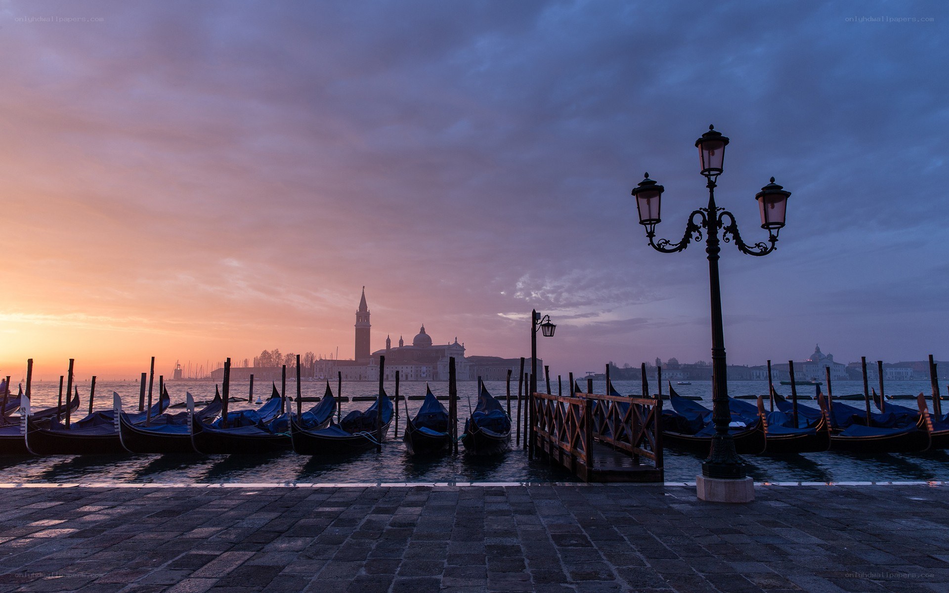 Gondolas at dawn in Venice