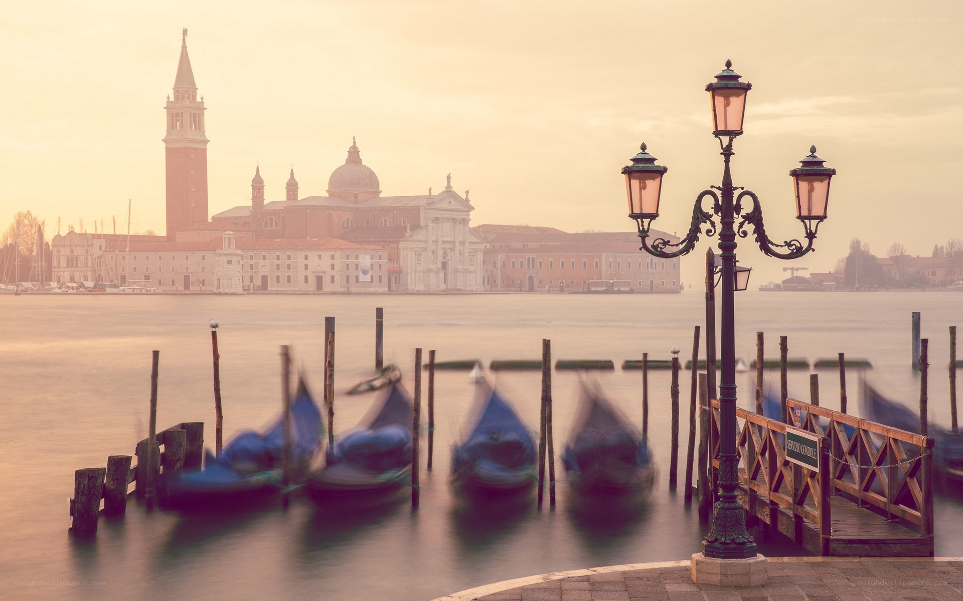 Gondolas at dawn in Venice