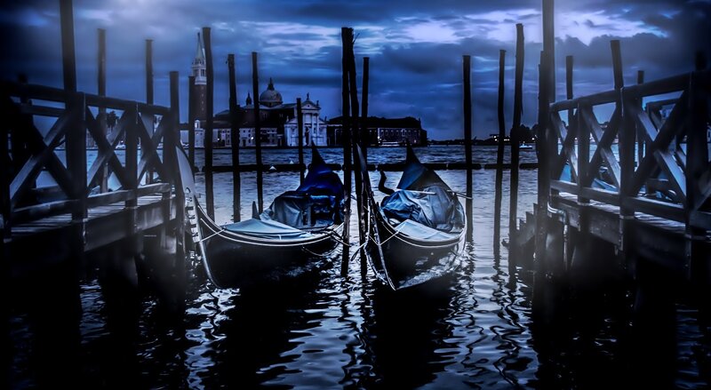 Gondolas at Dock — Blue, Dramatic