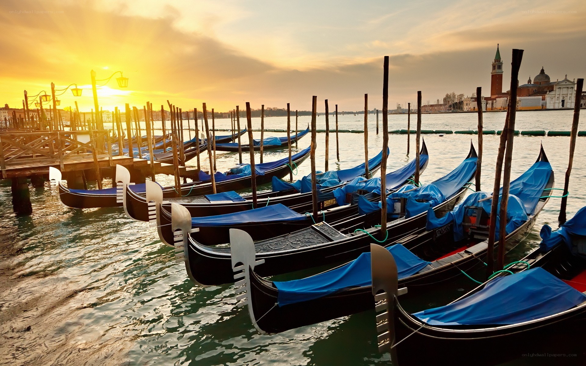 Gondolas at sunset in Venice