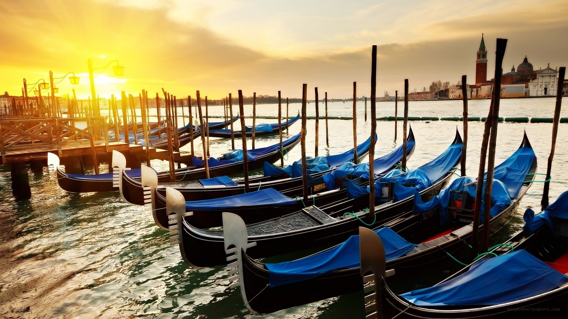 Gondolas at sunset in Venice