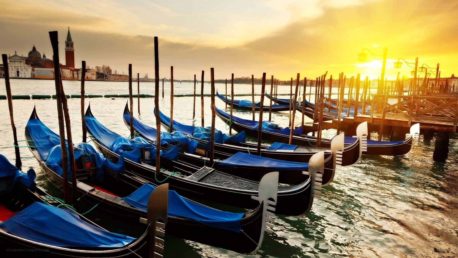 Gondolas at sunset in Venice