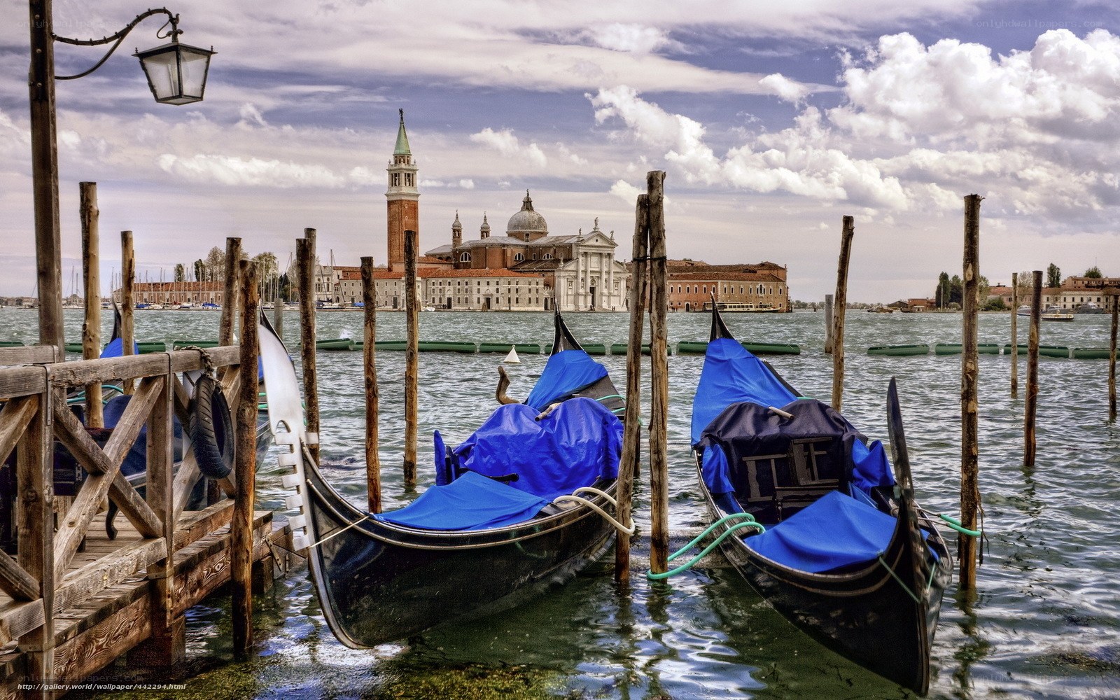 Gondolas docked in Venice