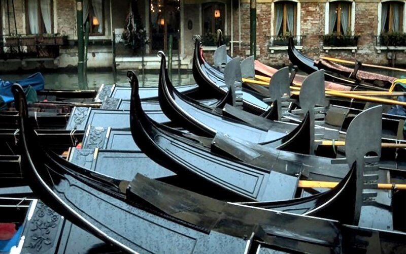 Gondolas in Canal — Black, Calm