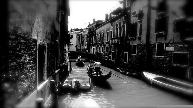 Gondolas in Canal — Black, Dramatic