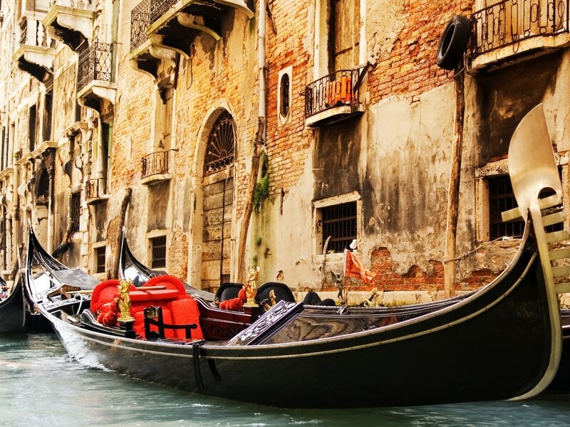 Gondolas in Canal — Black, Historic, Afternoon, Photograph, Buildings