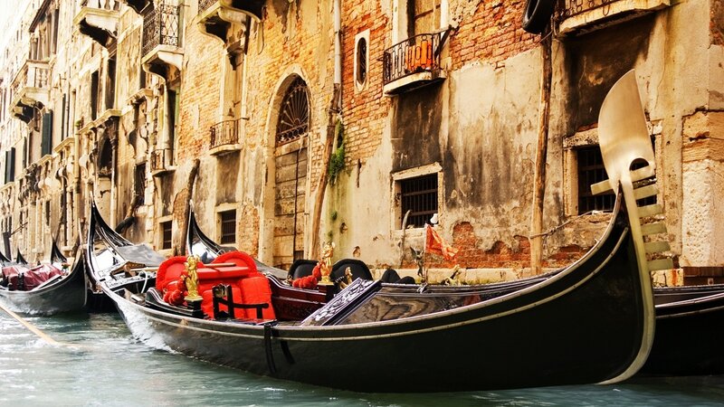 Gondolas in Canal — Black, Serene