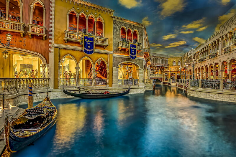 Gondolas in Canal — Blue, Dramatic, Night, Photograph