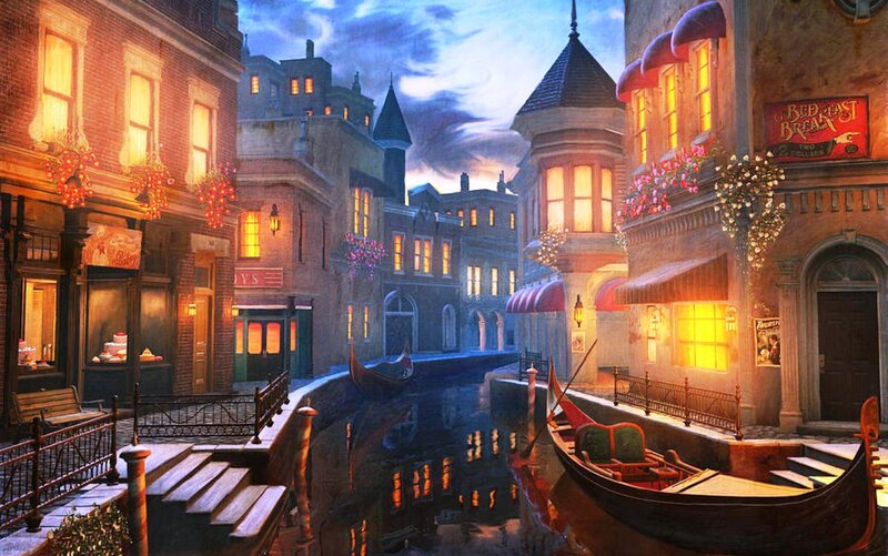 Gondolas in Canal — Blue, Dramatic, Night