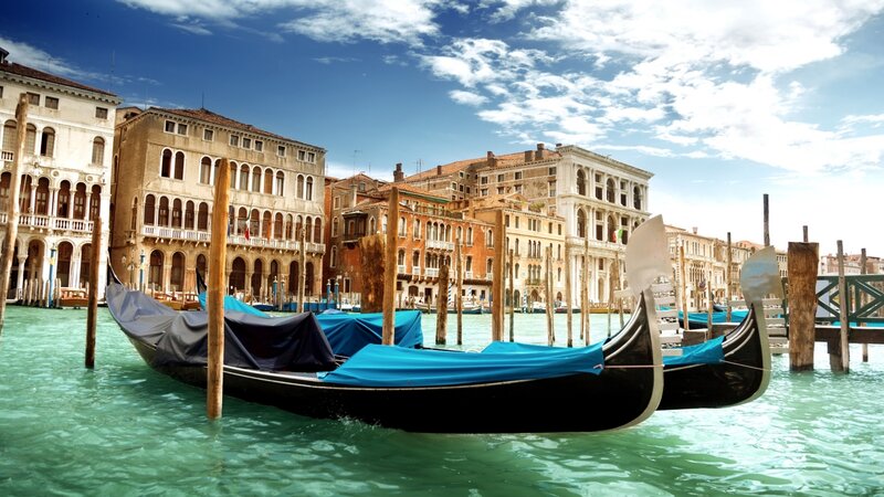 Gondolas in Canal — Blue, Serene, Afternoon, Photograph, Buildings
