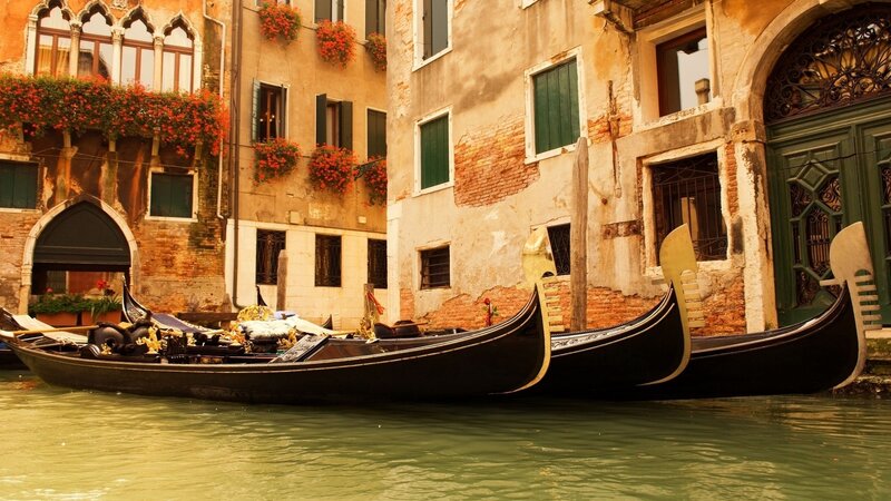 Gondolas in Canal — Green, Serene, Afternoon, Photograph, Buildings