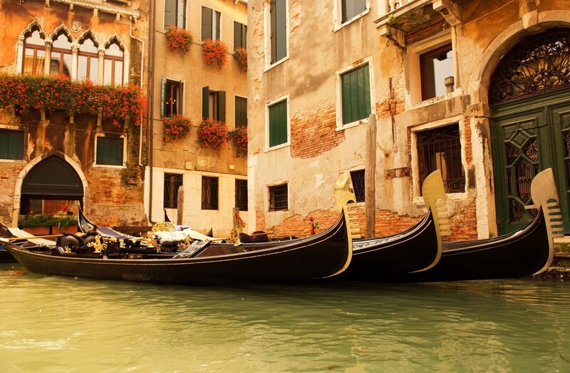 Gondolas in Canal — Green, Serene, Afternoon