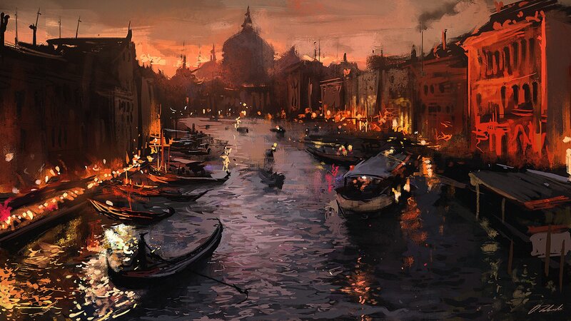 Gondolas in Canal — Orange, Dramatic