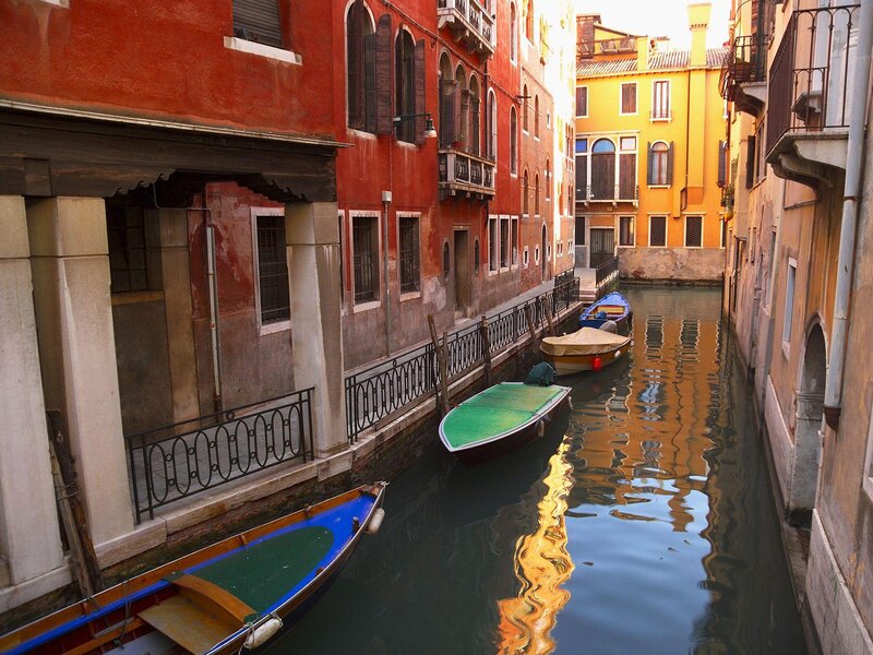 Gondolas in Canal — Red, Serene, Afternoon, Photograph, Buildings