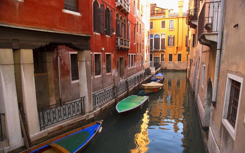 Gondolas in Canal — Red, Serene, Afternoon