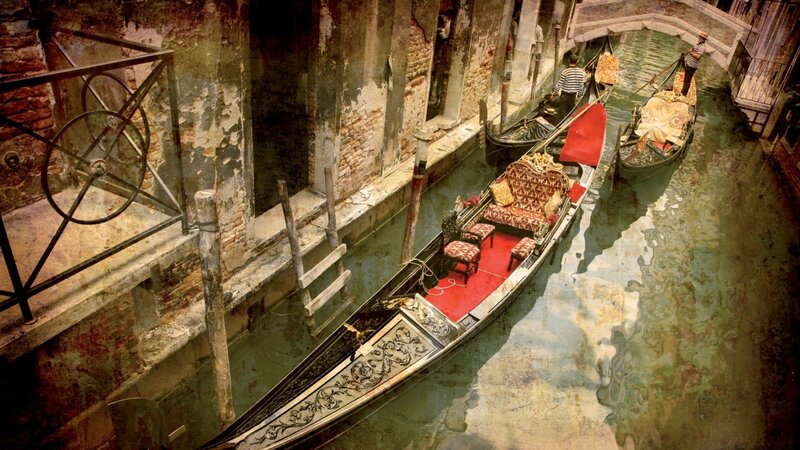 Gondolas in Canal — Red, Serene