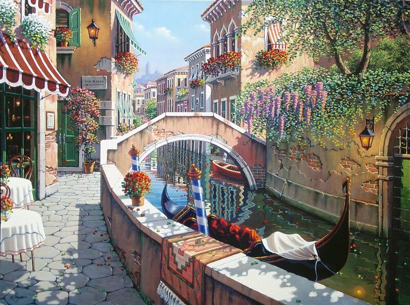 Gondolas in Venetian Canal — Blue