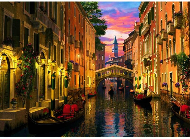 Gondolas in Venetian Canal — Orange, Dramatic, Sunset