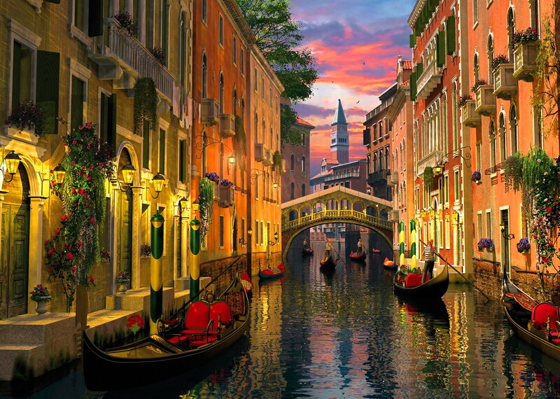 Gondolas in Venetian Canal — Orange, Dramatic