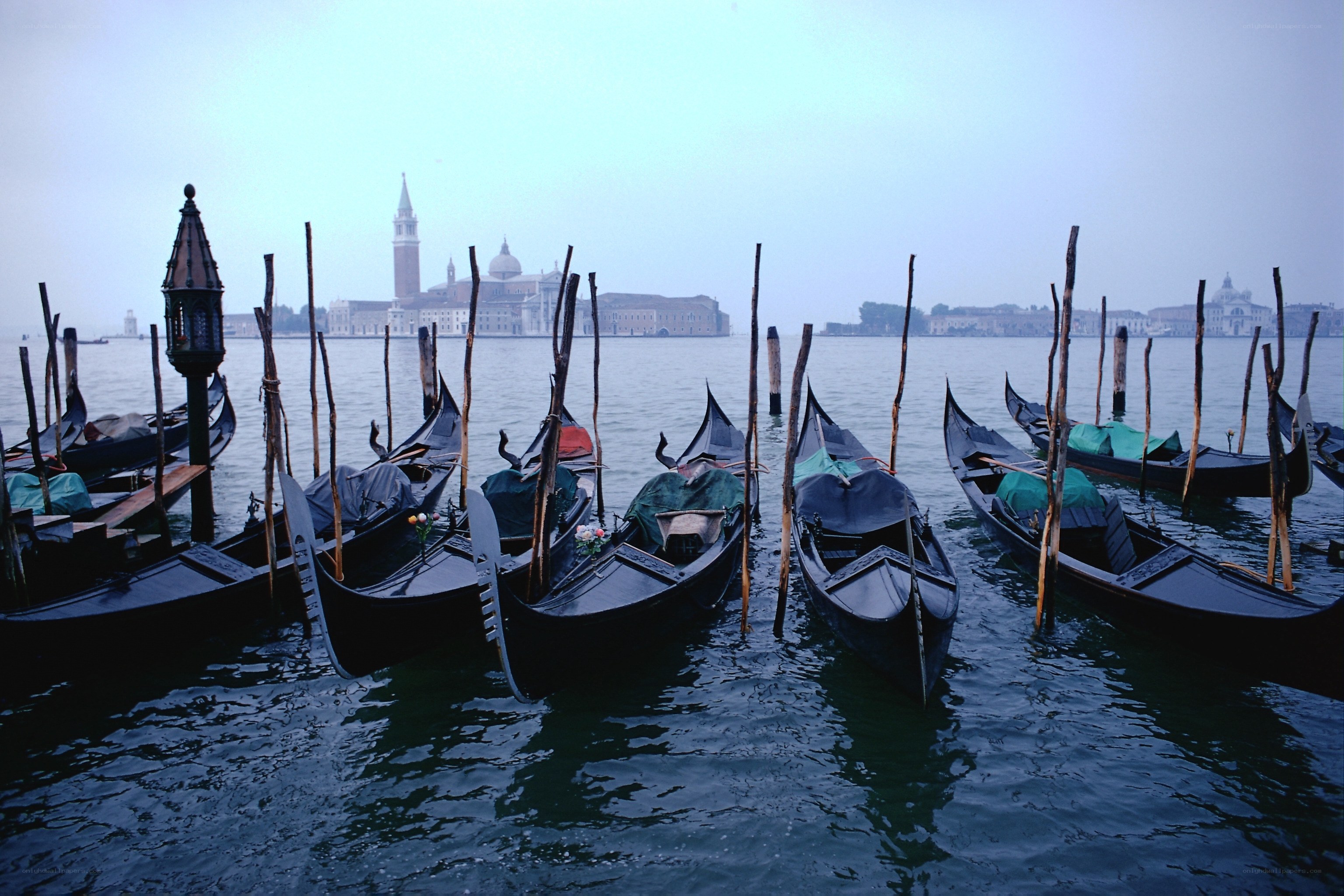 Gondolas in Venice at dawn