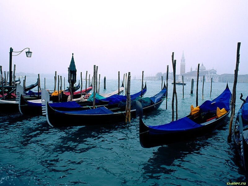 Gondolas in Venice at dawn
