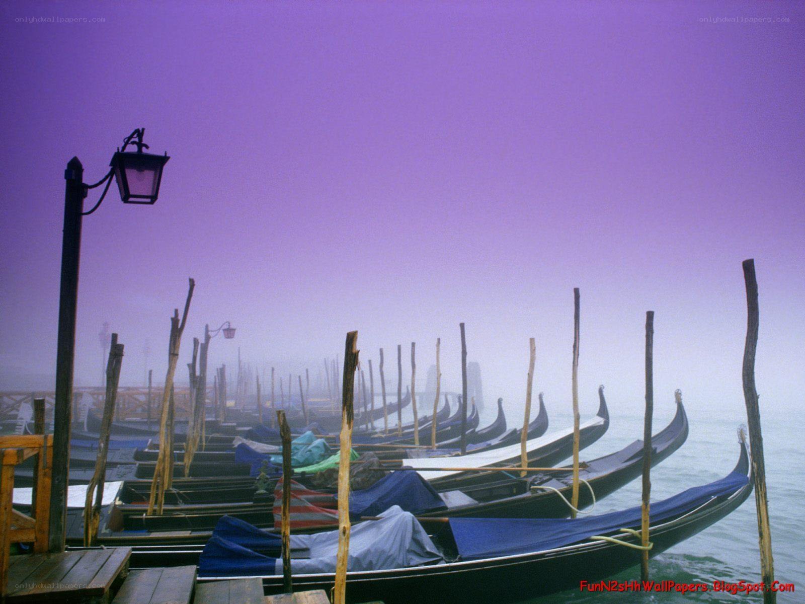 Gondolas in Venice at dawn