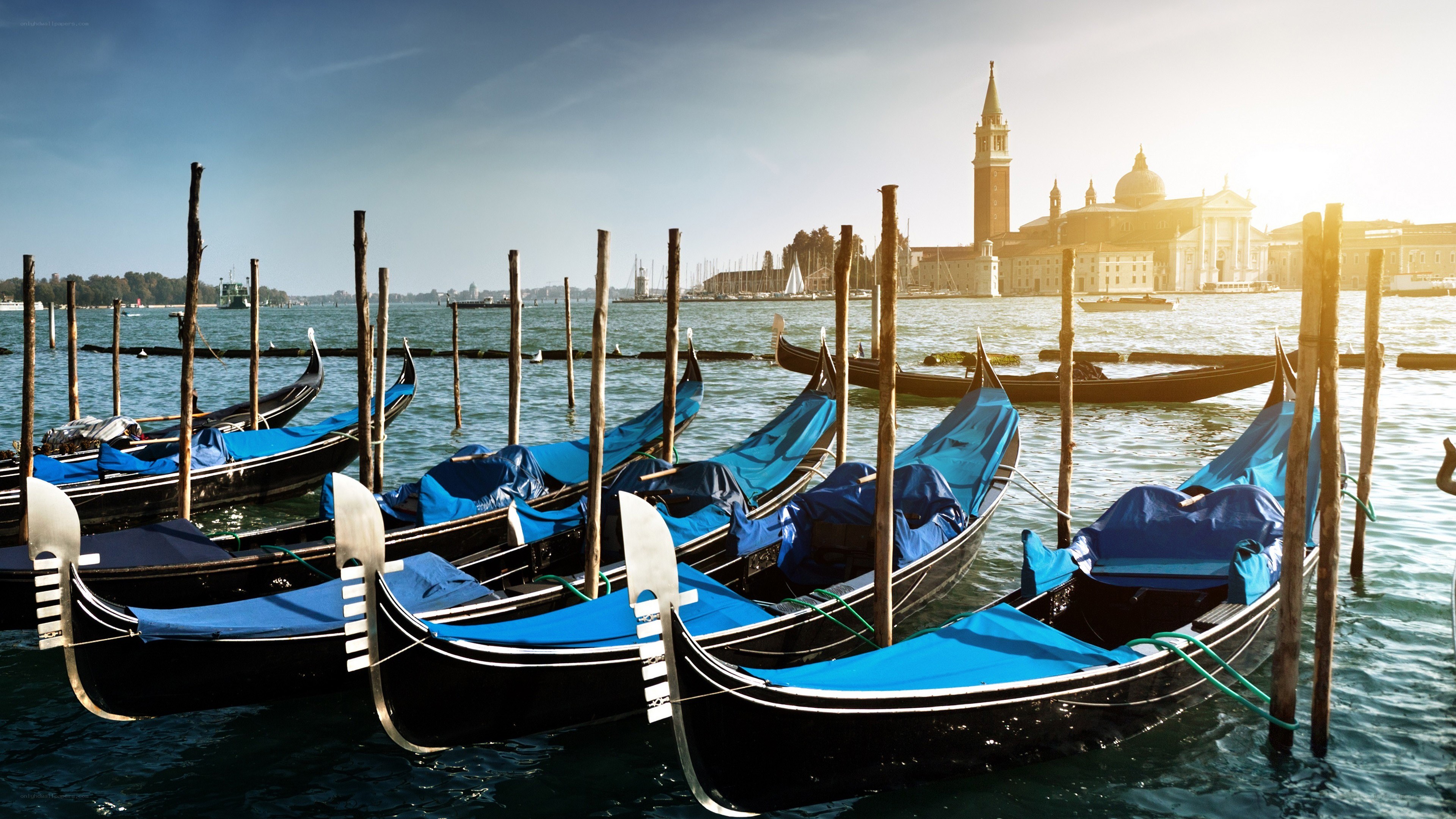 Gondolas in Venice at sunset