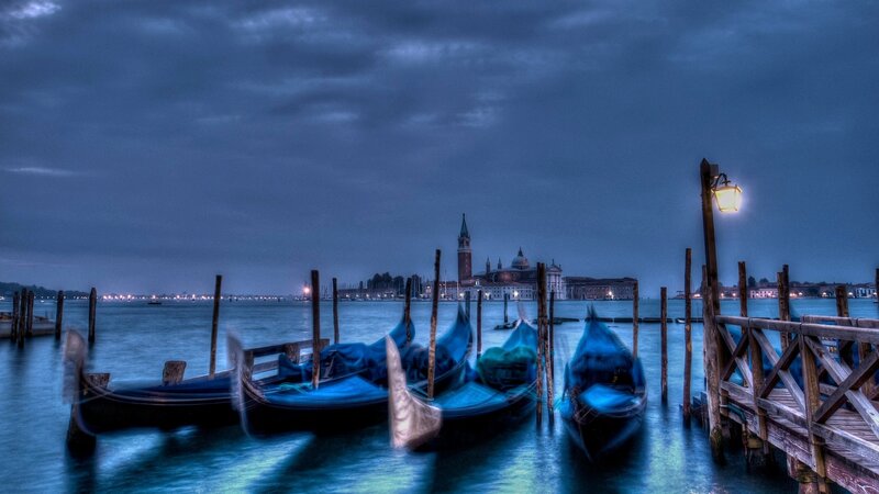 Gondolas in Venice — Blue, Dramatic, Night, Photograph