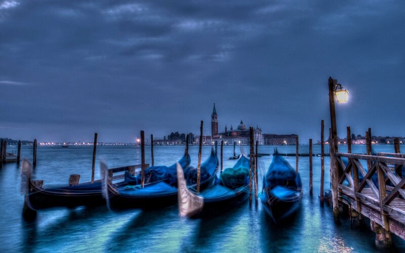 Gondolas in Venice — Blue, Dramatic, Night