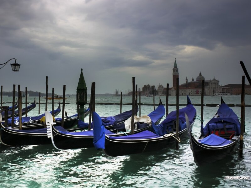 Gondolas in Venice — Blue, Dramatic, Photograph