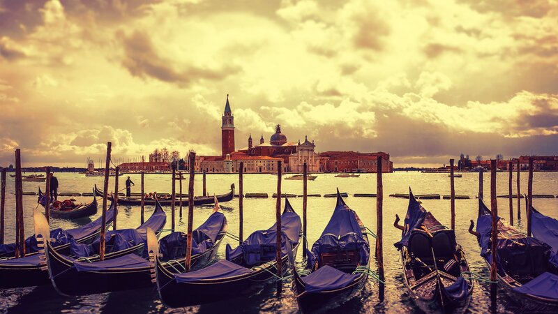 Gondolas in Venice — Blue, Dramatic, Sunset, Photograph
