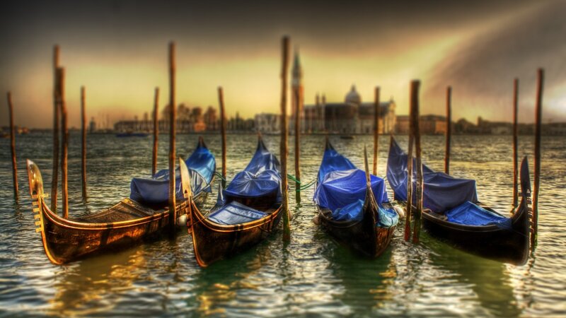 Gondolas in Venice — Blue, Dramatic, Sunset
