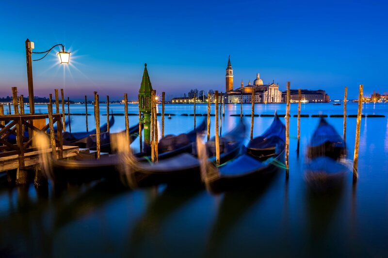 Gondolas in Venice — Blue, Serene, Night, Photograph, Church