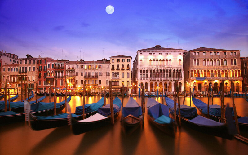 Gondolas in Venice — Blue, Serene, Night, Photograph