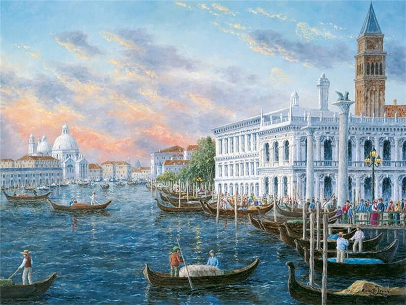 Gondolas in Venice — Blue, Serene, Sunset, Painting