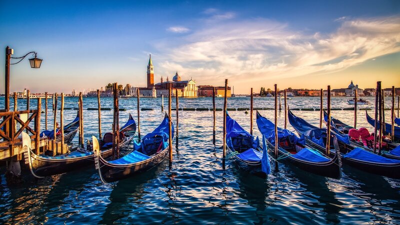 Gondolas in Venice — Blue, Serene, Sunset, Photograph, Buildings, Water