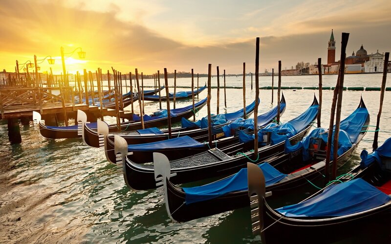 Gondolas in Venice — Blue, Serene, Sunset, Photograph, Canals, Buildings, Gold