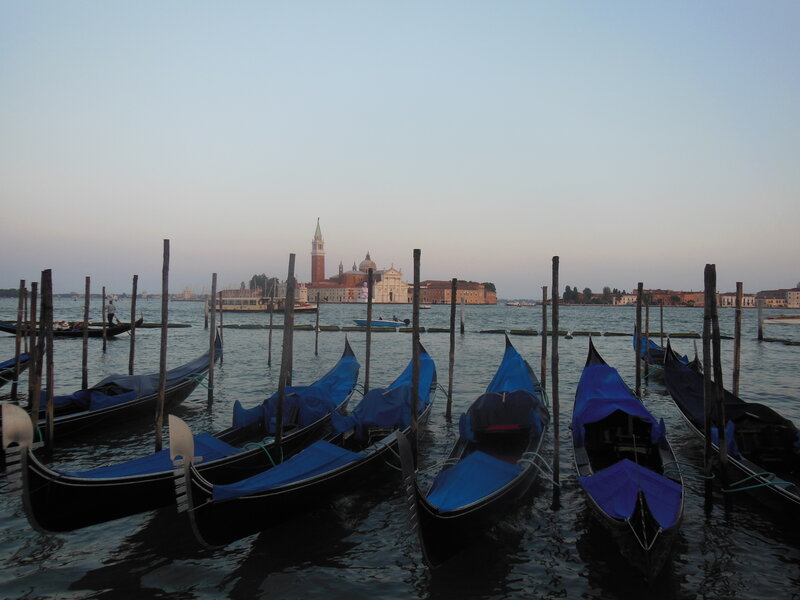 Gondolas in Venice — Blue, Serene, Sunset, Photograph, Canals, Buildings