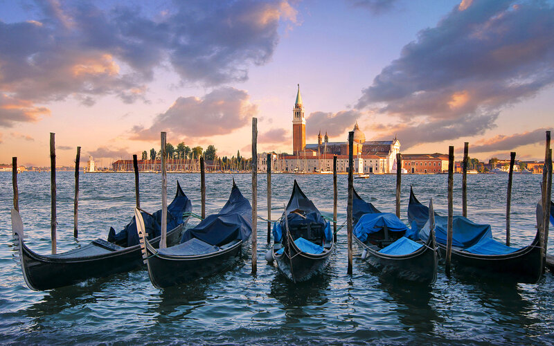 Gondolas in Venice — Blue, Serene, Sunset, Photograph, Church Tower