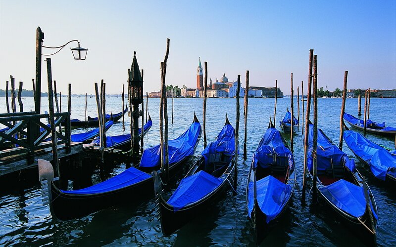 Gondolas in Venice with San Giorgio Maggiore