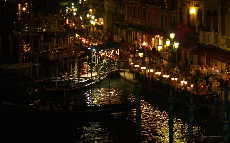 Gondolas on Canal — Black, Nocturnal, Night