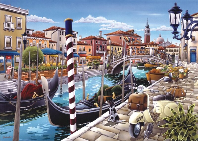 Gondolas on Canal — Blue, Serene, Afternoon, Illustration