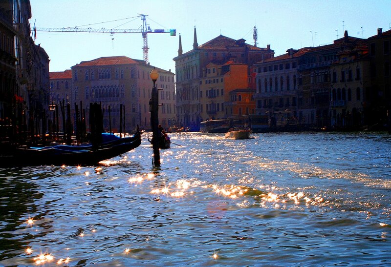 Gondolas on Canal — Blue, Serene, Afternoon, Photograph, Buildings, Crane