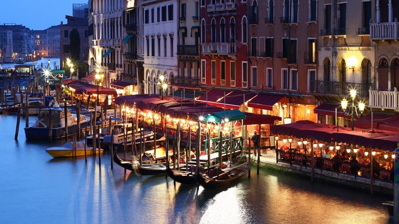 Gondolas on Canal — Blue, Serene, Night, Photograph