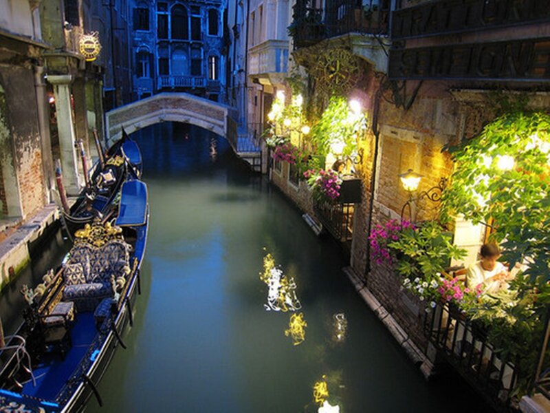 Gondolas on Canal — Blue, Serene, Night