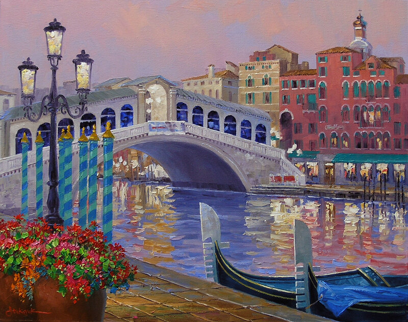 Gondolas on Canal — Blue, Serene, Sunset