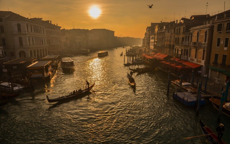 Gondolas on Canal — Gold, Serene
