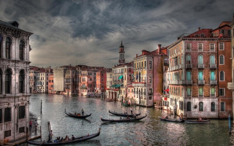 Gondolas on Canal — Gray, Dramatic