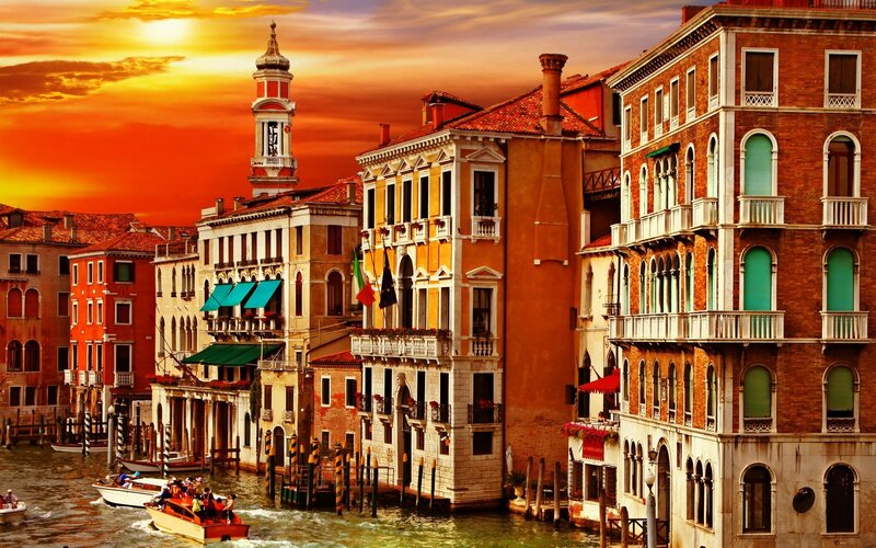 Gondolas on Canal — Orange, Dramatic
