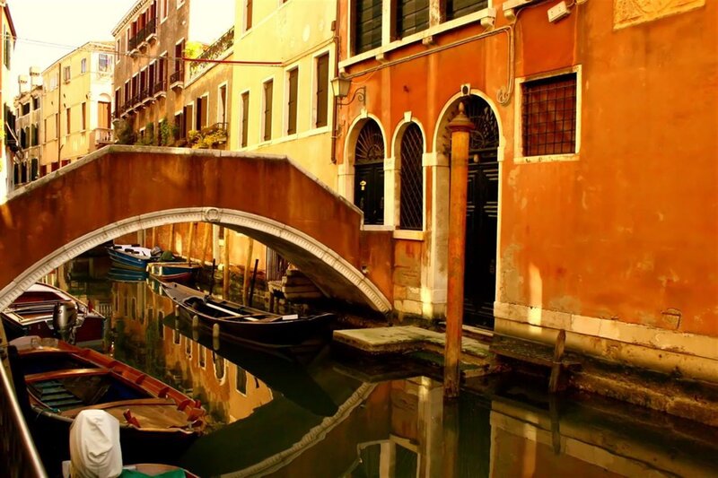 Gondolas on Canal — Orange, Serene, Sunset, Photograph